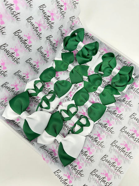 School Bundle - 3 Inch Bows - Forest Green & White - 10 Pack