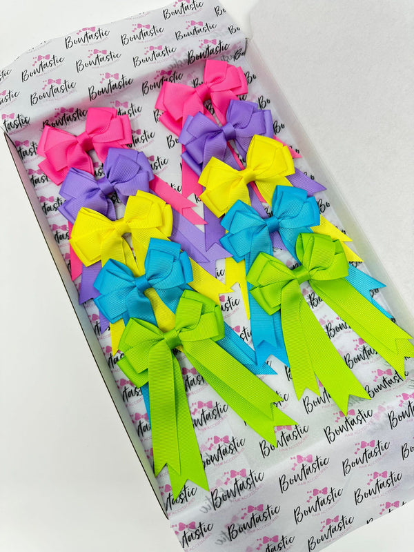 Bow Set - 4 Inch Tail Bows - 10 Pack Clips - Hot Pink, Grape, Lemon, Turquoise, Apple Green