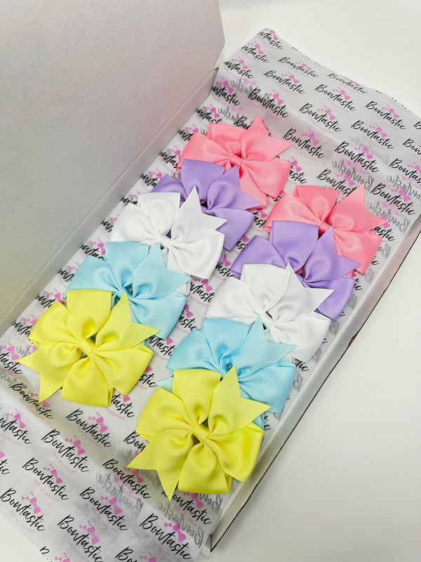 Bow Set - 4 Inch Pinwheel - 10 Pack Clips - Pink, Light Orchid, White, Light Blue, Baby Maize