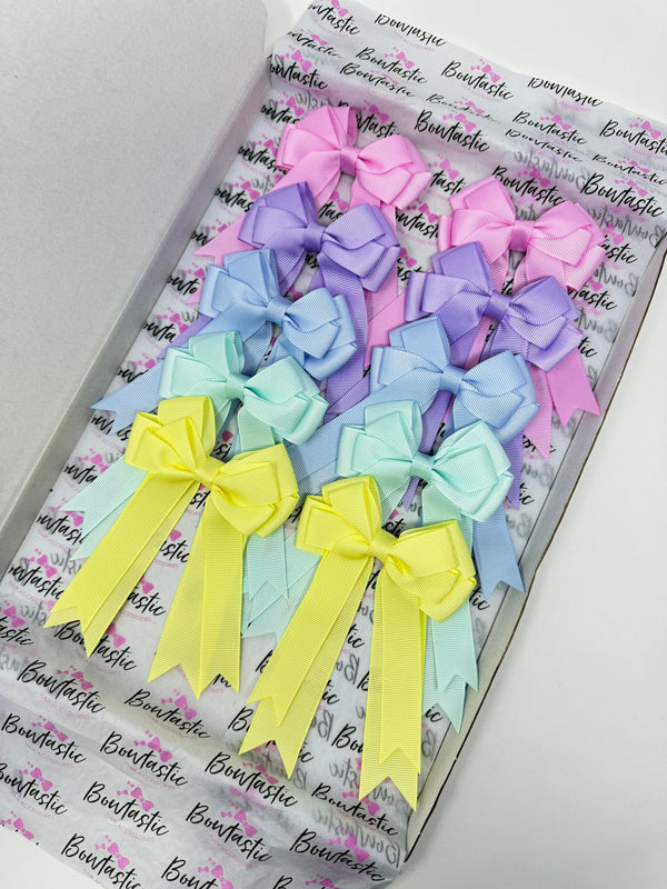 Bow Set - 4 Inch Tail Bows - 10 Pack Clips - Tulip, Lt Orchid, Bluebell, Crystaline, Baby Maize