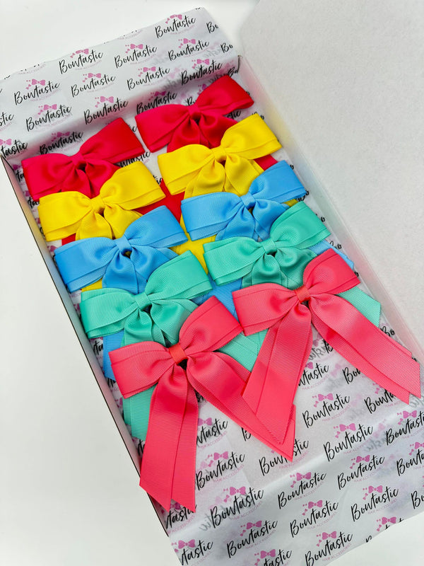 Bow Set - 4.5 Inch Clips - 10 Pack - Shocking Pink, Daffodil, Blue Mist, Tropic, Coral Rose