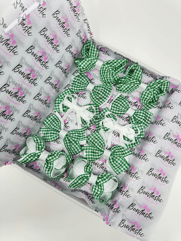 School Bundle - 3 Inch Bows - Green & White Gingham  - 10 Pack