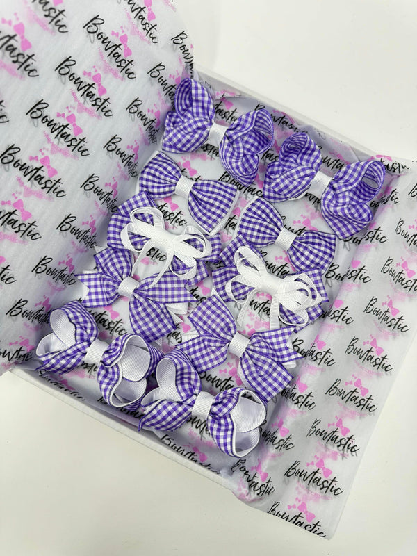 School Bundle - 3 Inch Bows - Purple & White Gingham  - 10 Pack