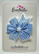 3 Inch Pinwheel Bow Thin Elastic - Light Blue & White Gingham