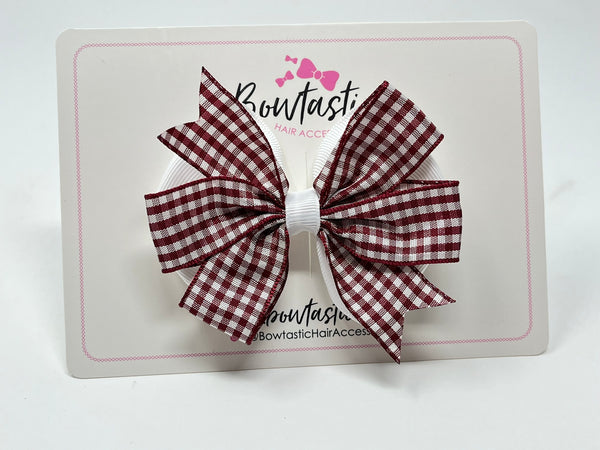 3.5 Inch Flat Double Bow - Burgundy & White Gingham