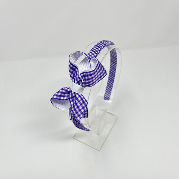 3 Inch Bow Alice Band - Purple & White Gingham