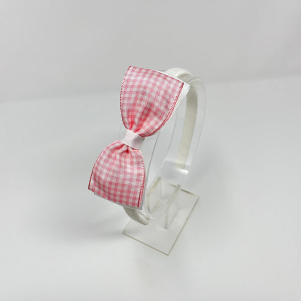 4.5 Inch Flat Bow Alice Band - Pink & White Gingham
