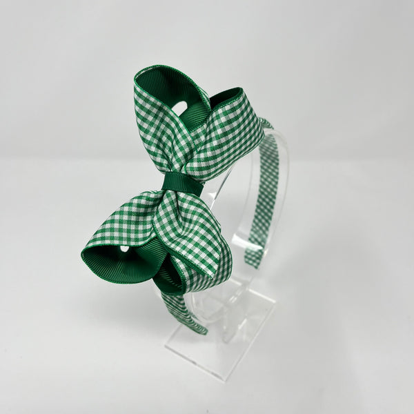 4 Inch Bow Alice Band - Forest Green & Green Gingham