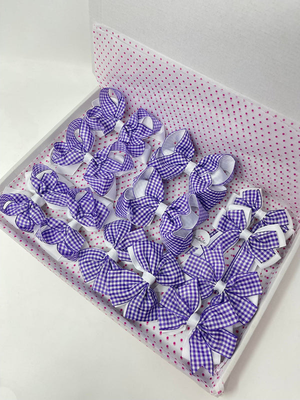 School Bundle - Purple & White Gingham - 6 Matching Pairs - Bobbles