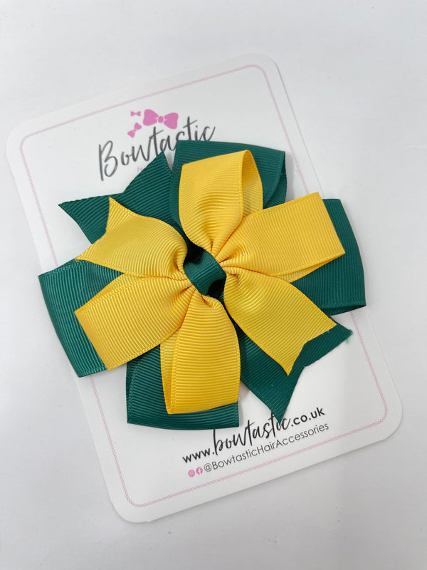 4 Inch Flat Double Bow - Hunter Green & Yellow Gold