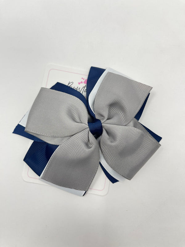 5.5 Inch 3 Layer Bow - Navy, Metal Grey & White