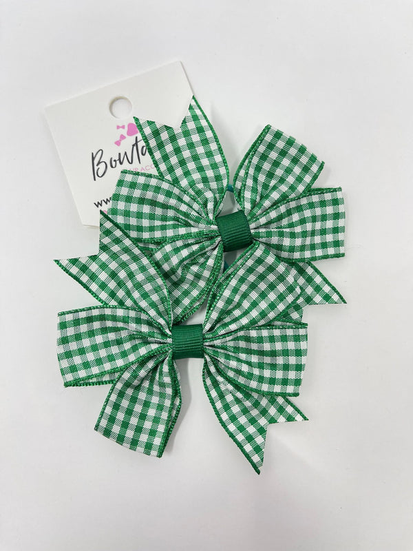 3 Inch Pinwheel Bow Thin Elastic - Green Gingham - 2 Pack