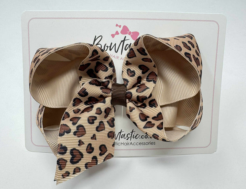 4.5 Inch Double Ribbon Bow - Brown Leopard Heart Print