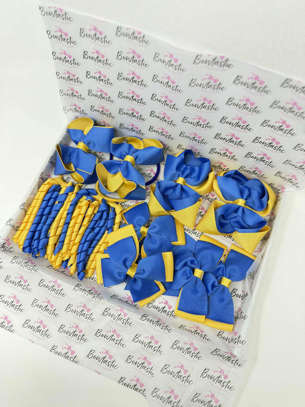 School Bundle - 5 Matching Pairs - Clips & Bobbles - Royal Blue & Yellow Gold