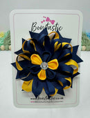 4 Inch Flower Bow - Navy & Yellow Gold