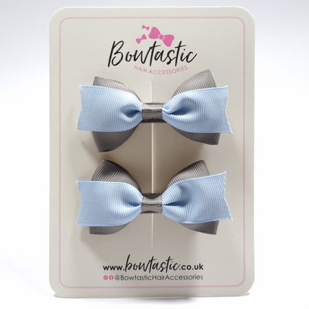 2.75 Inch 2 Layer Tuxedo Bow - Bluebell & Metal Grey - 2 Pack