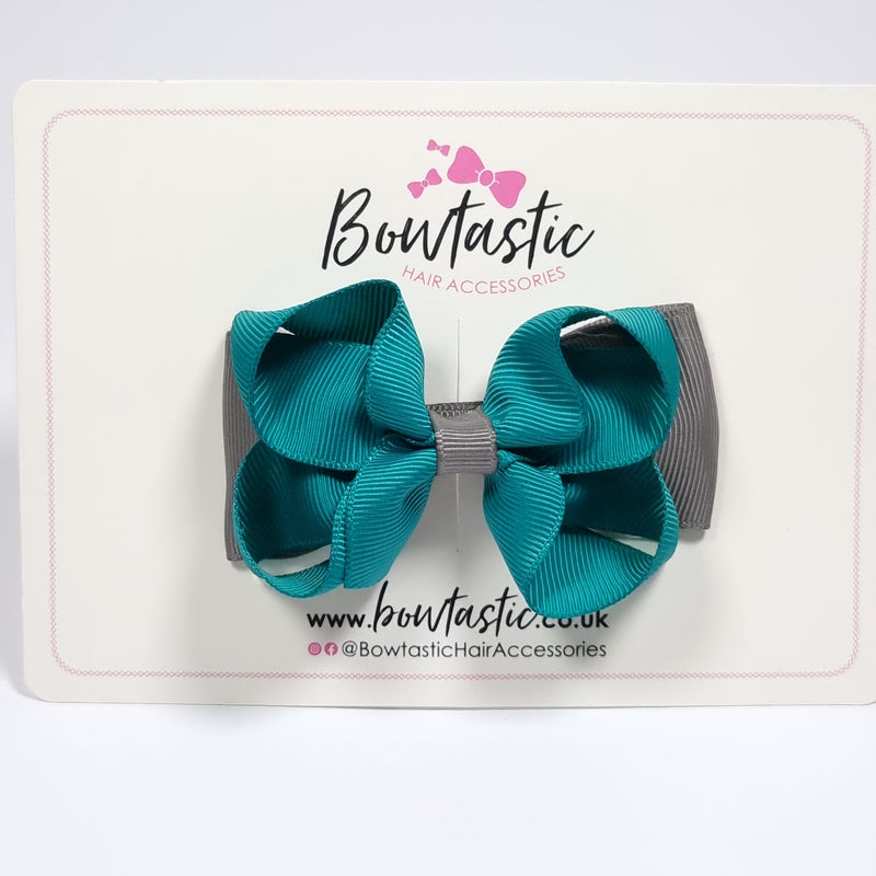 3 Inch Double Bow - Jade Green & Metal Grey