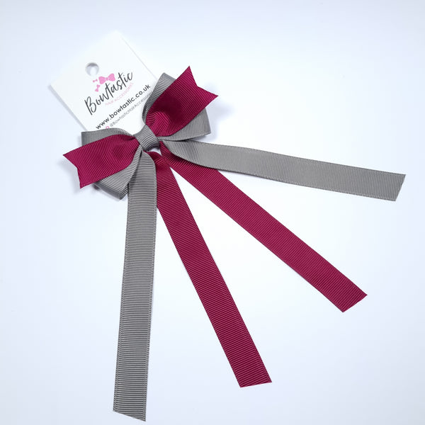 3.5 Inch Flat Ribbon Tail Bow - Wine & Metal Grey