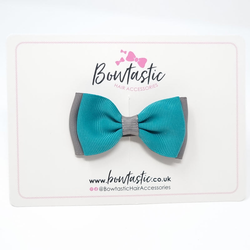 3 Inch Flat Double Bow - Jade Green & Metal Grey