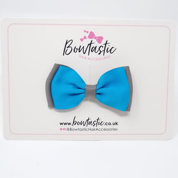 3 Inch Flat Double Bow - Turquoise & Metal Grey