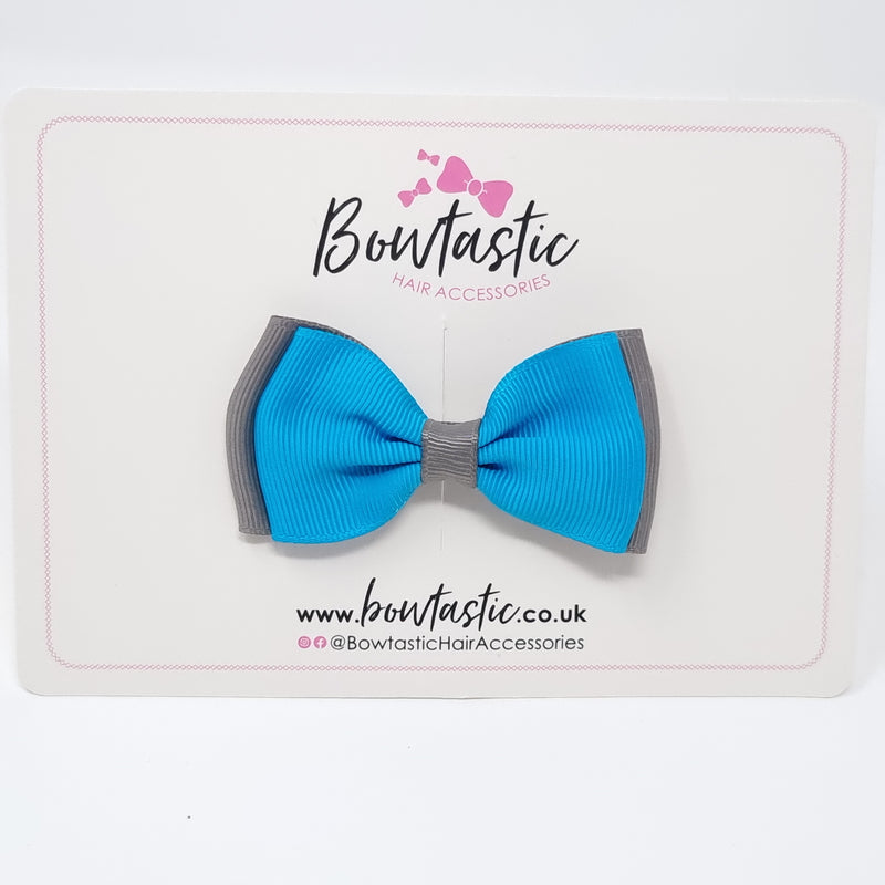 3 Inch Flat Double Bow - Turquoise & Metal Grey