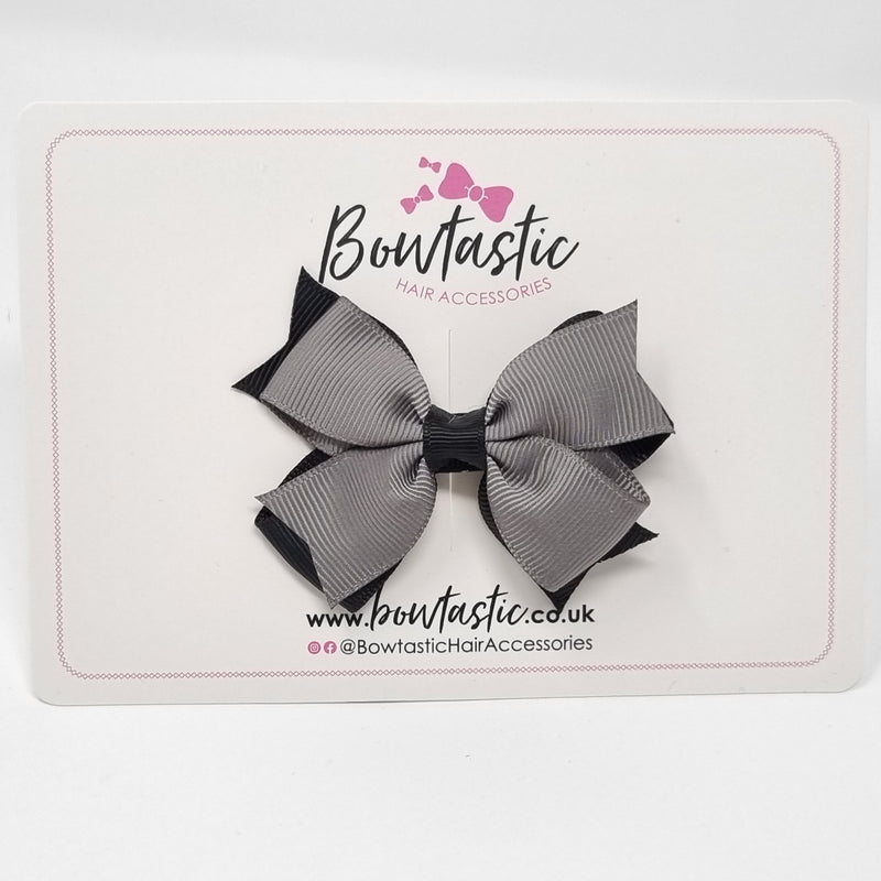 3 Inch Flat 2 Layer Bow - Black & Metal Grey