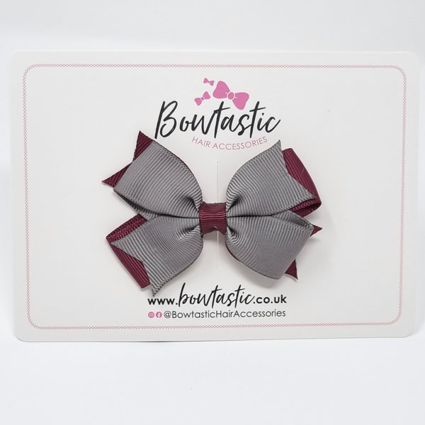 3 Inch Flat 2 Layer Bow - Burgundy & Metal Grey