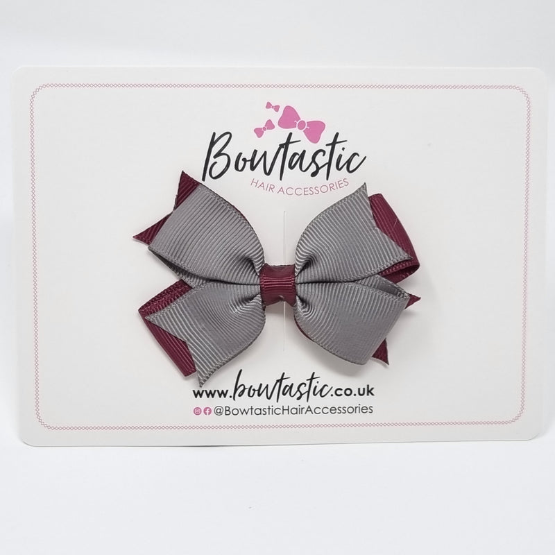 3 Inch Flat 2 Layer Bow - Burgundy & Metal Grey