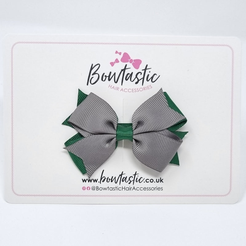 3 Inch Flat 2 Layer Bow - Forest Green & Metal Grey