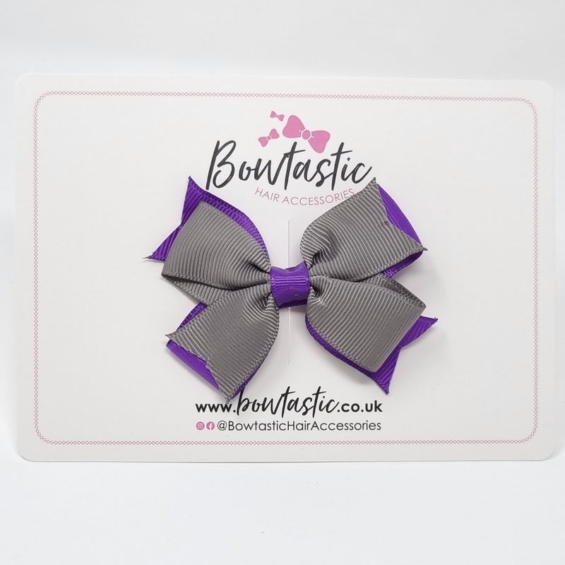 3 Inch Flat 2 Layer Bow - Purple & Metal Grey