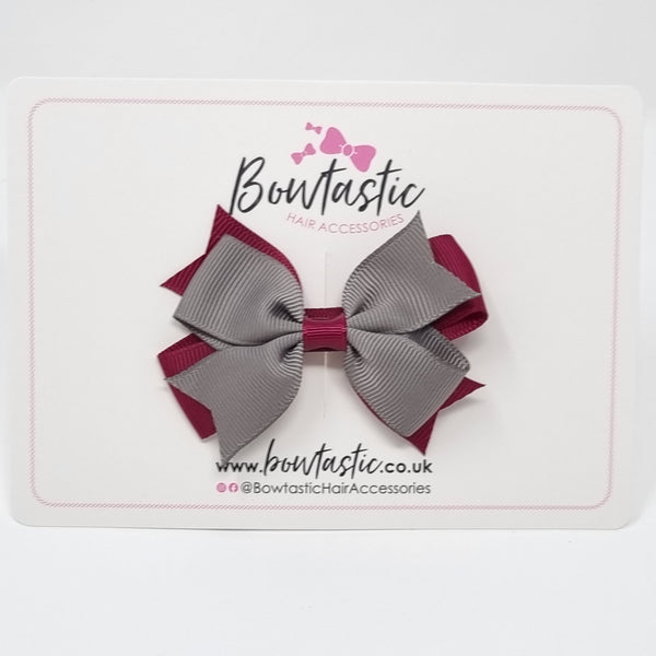 3 Inch Flat 2 Layer Bow - Wine & Metal Grey