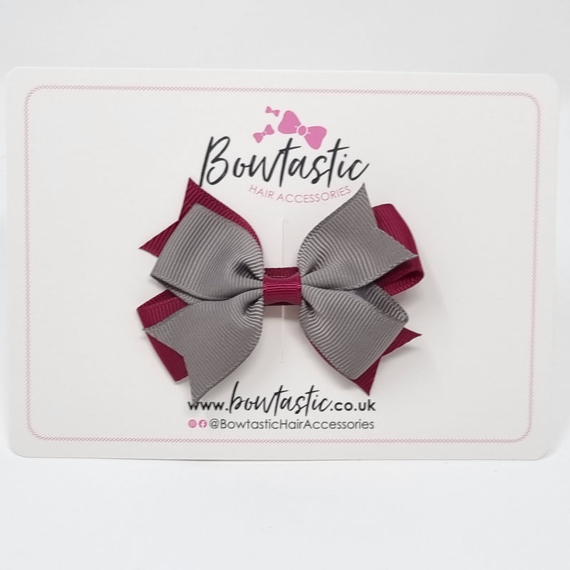 3 Inch Flat 2 Layer Bow - Wine & Metal Grey