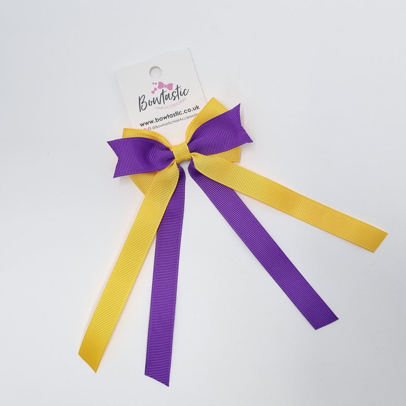 3.5 Inch Flat Ribbon Tail Bow - Purple & Yellow Gold