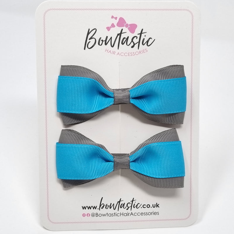 3 Inch Thin Tuxedo Bows - Turquoise & Metal Grey - 2 Pack