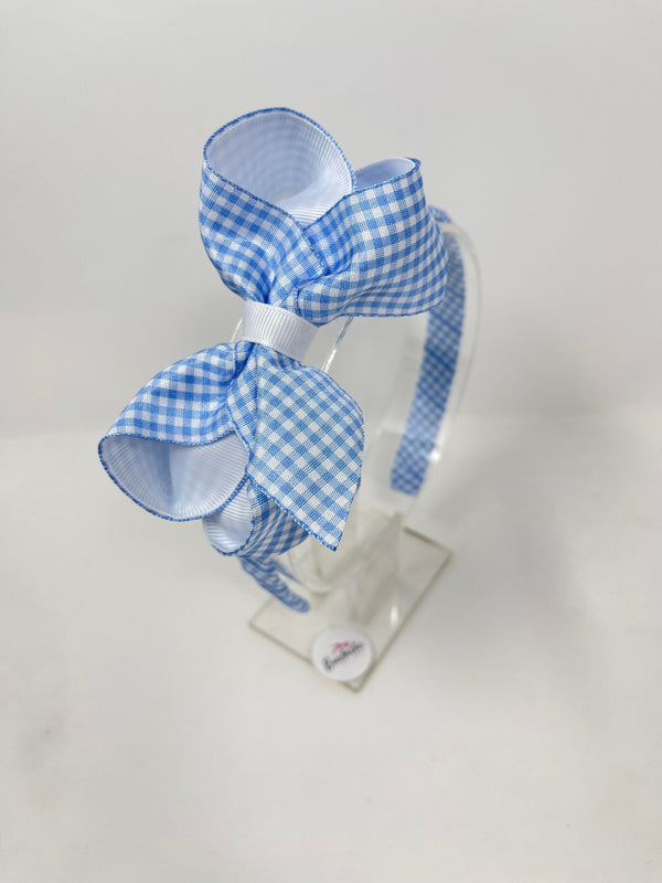 4 Inch Bow Alice Band - Blue & White Gingham