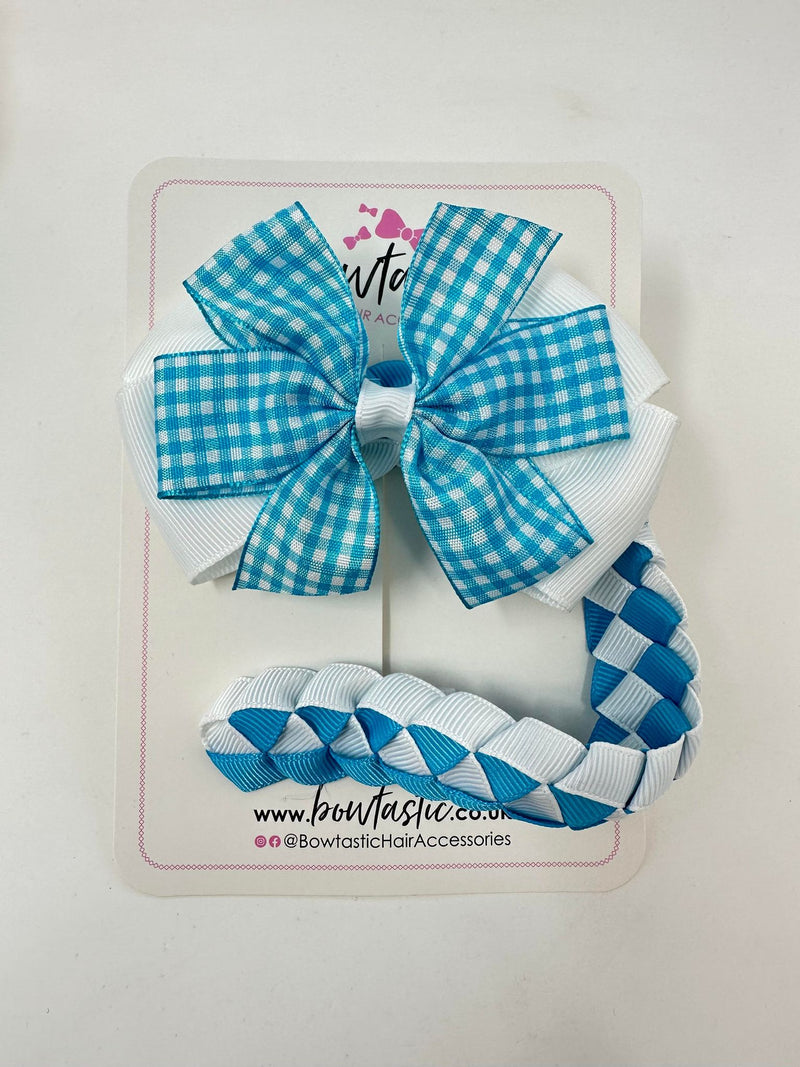 Bun Wrap - 4 Inch Bow - Turquoise & White Gingham