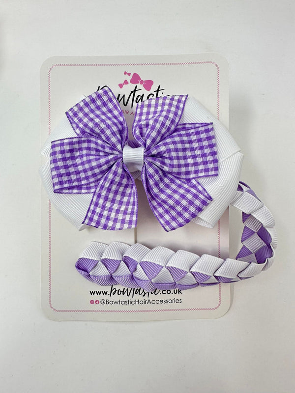Bun Wrap - 4 Inch Bow - Lilac & White Gingham