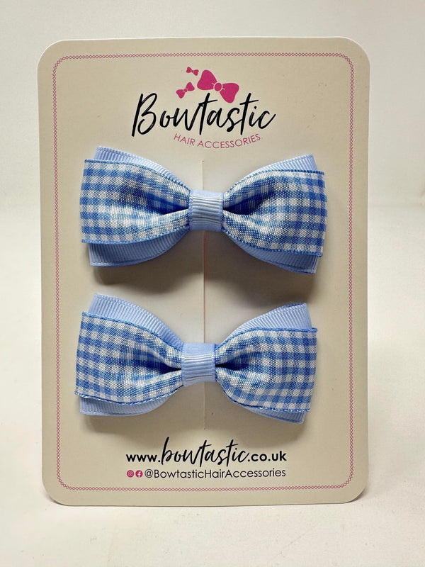 3 Inch Thin Tuxedo Bows - Blue Gingham - 2 Pack