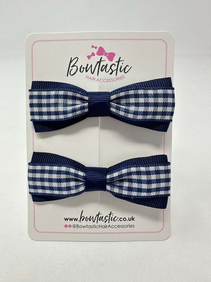 2.5 Inch Thin Tuxedo Bows - Navy Gingham - 2 Pack