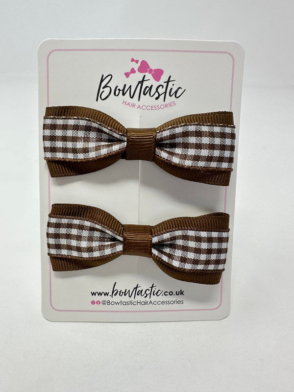 2.5 Inch Thin Tuxedo Bows - Brown Gingham - 2 Pack