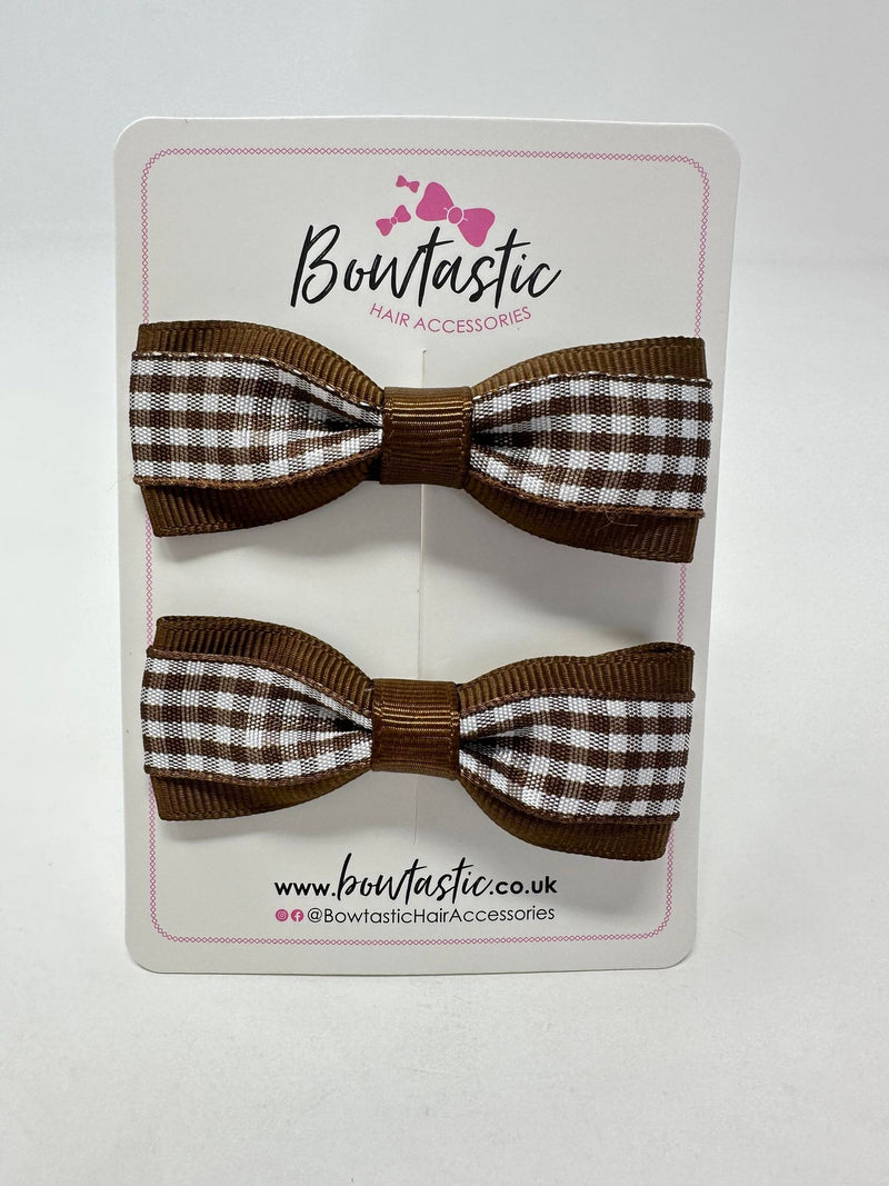 2.5 Inch Thin Tuxedo Bows - Brown Gingham - 2 Pack