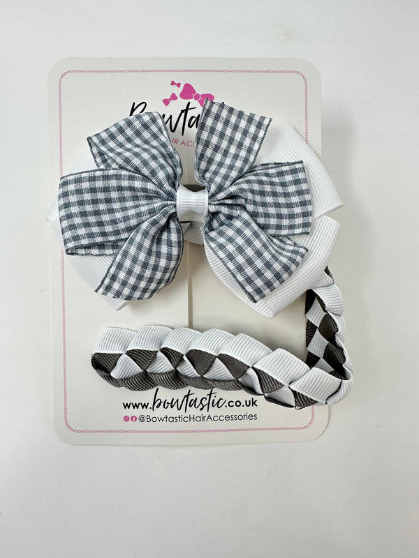 Bun Wrap - 4 Inch Bow - Grey & White Gingham