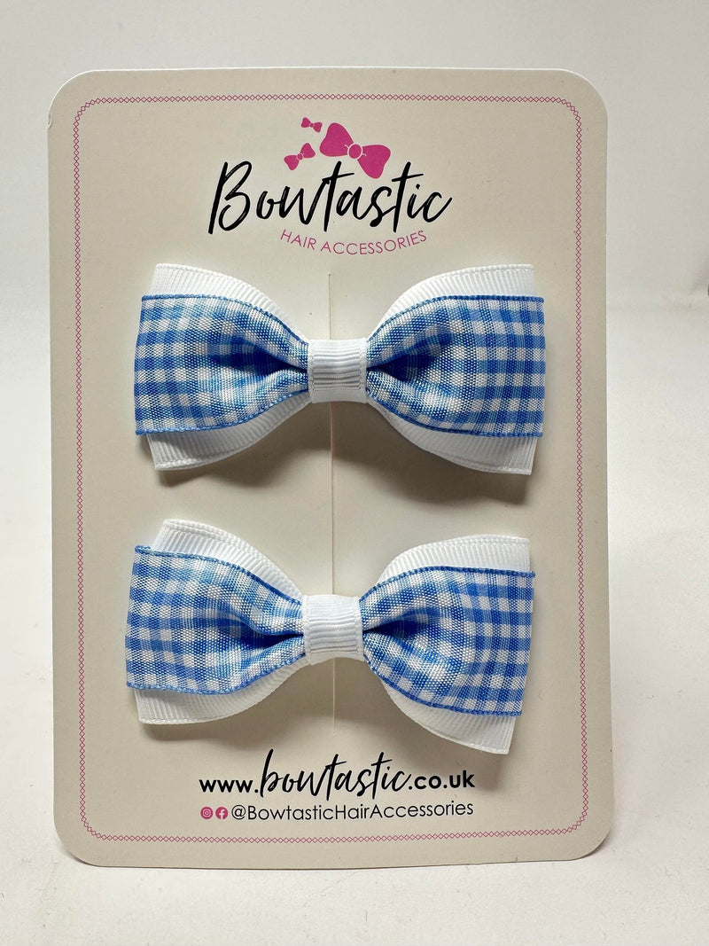 3 Inch Thin Tuxedo Bows - Blue & White Gingham - 2 Pack