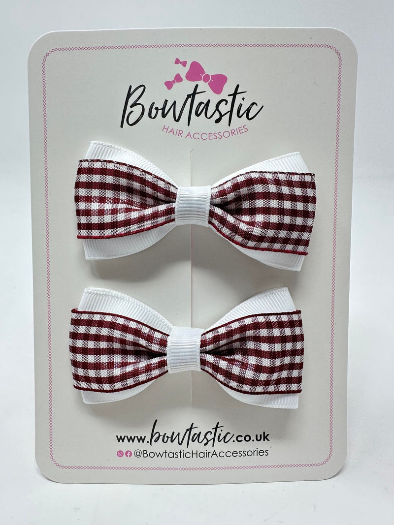 3 Inch Thin Tuxedo Bows - Burgundy & White Gingham - 2 Pack