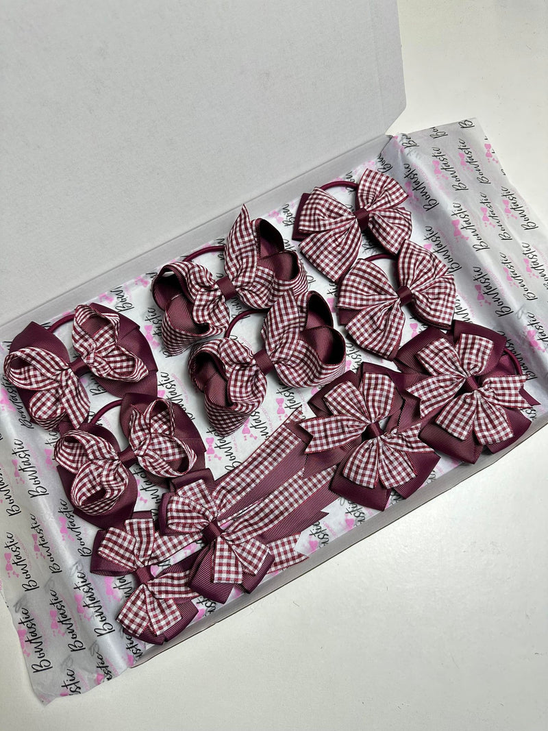 School Bundle - 5 Matching Pairs Bobbles - Burgundy Gingham & Burgundy