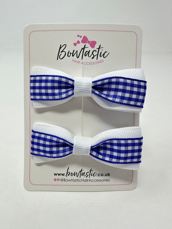2.5 Inch Thin Tuxedo Bows - Royal & White Gingham - 2 Pack