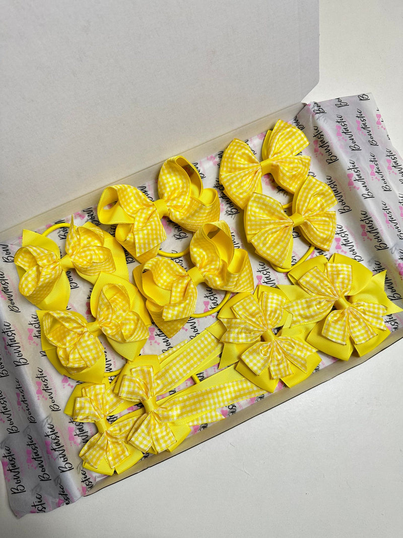 School Bundle - 5 Matching Pairs Bobbles - Yellow Gingham & Yellow