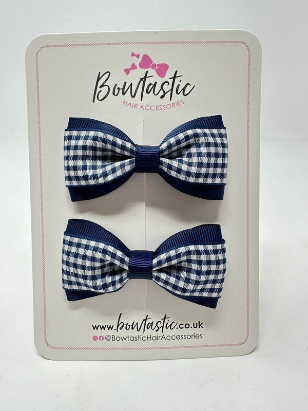 3 Inch Thin Tuxedo Bows - Navy Gingham - 2 Pack