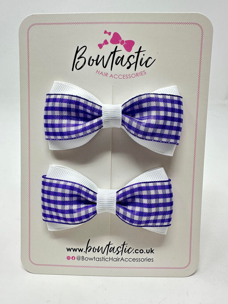 3 Inch Thin Tuxedo Bows - Purple & White Gingham - 2 Pack