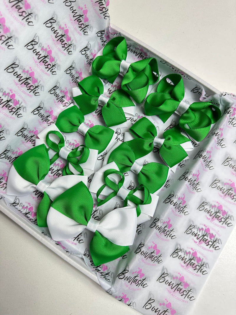 School Bundle - 3 Inch Bows - Emerald Green & White - 10 Pack